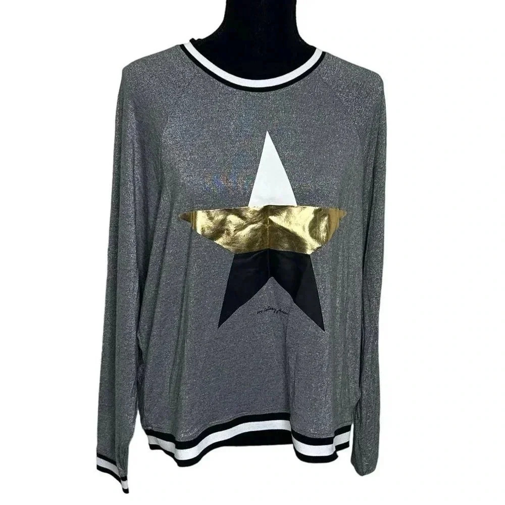 Betsey Johnson Performance Top XL Metallic Star Glitter Long Sleeve Pullover